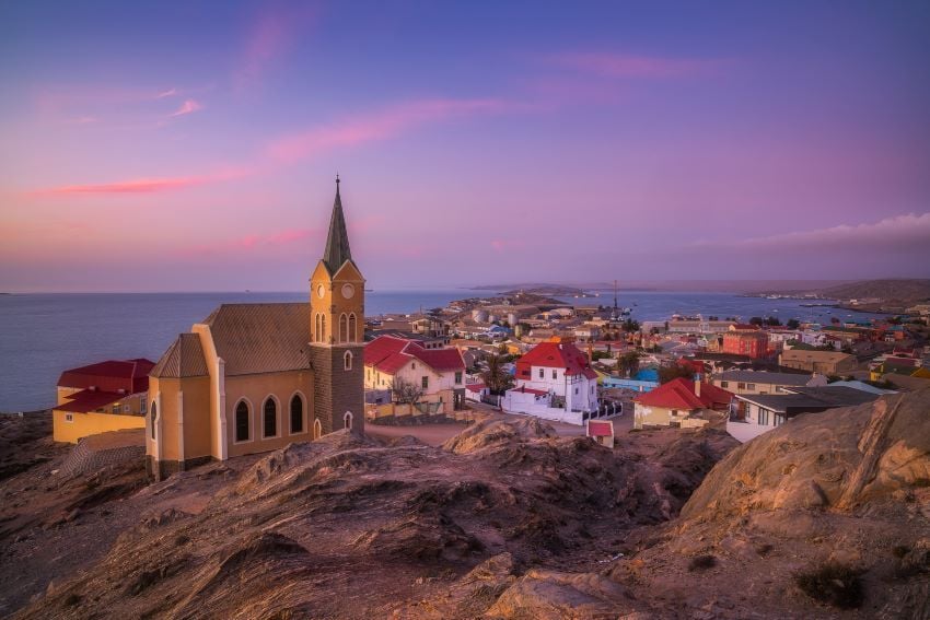 The town of Luderitz with its German inspired architecture along the Atlantic Ocean. 