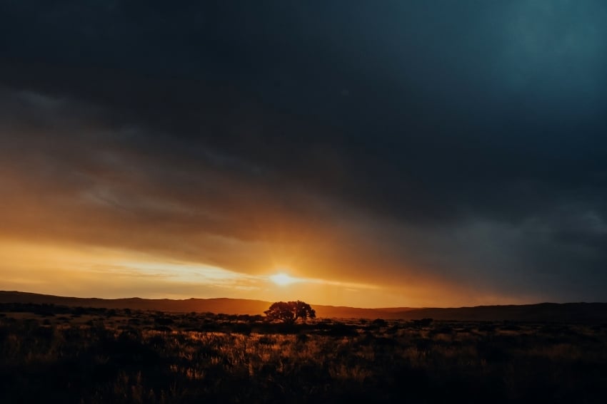 Endless horizon with glowing golden light at sunset in Namibia