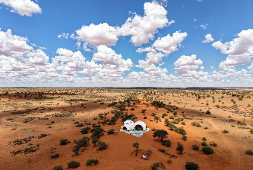 Aerial snapshot of the Reverie- a luxury pod in the Kalahari Desert. 
