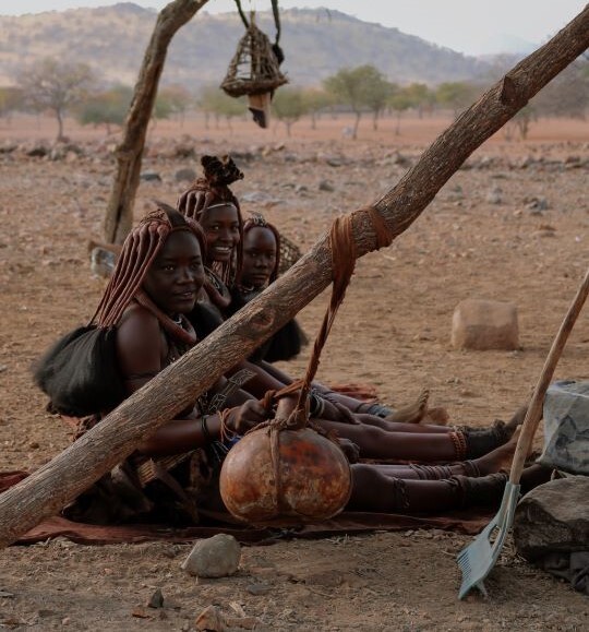 Young Ovahimba ladies under a tree preparing butter. 