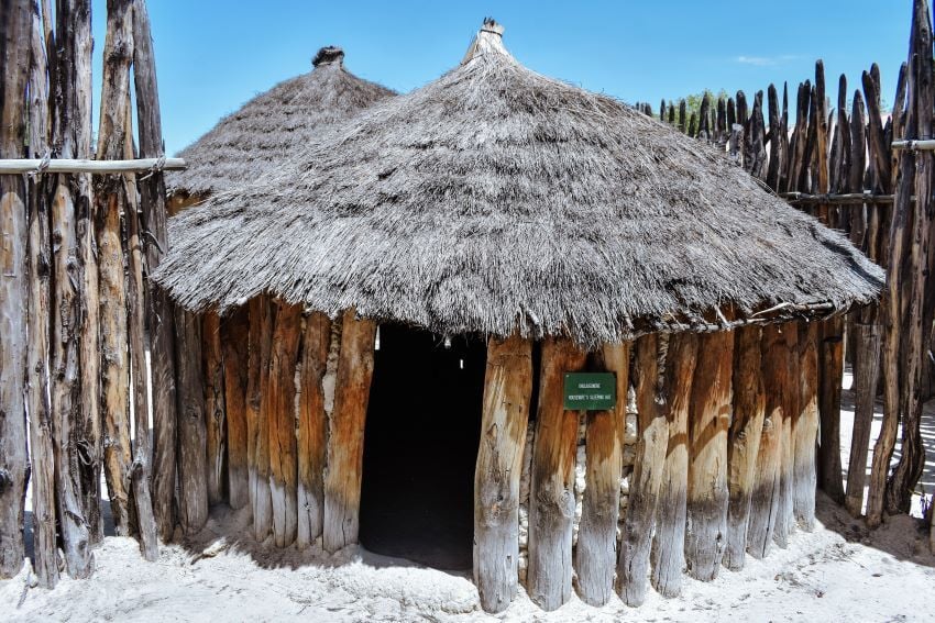 Traditional hut in a homestead at a living museum in Namibia. 