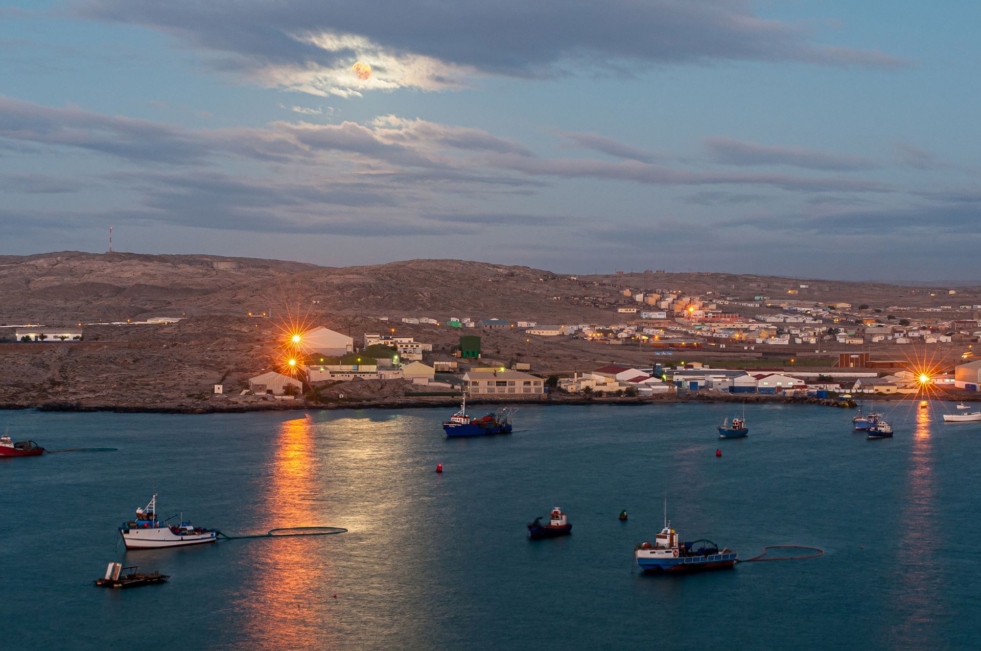 Aerial shot of Luderitz along the Atlantic ocean. 